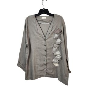 Krista Larson Women's Vintage Linen Embellished Button Down Top - OS